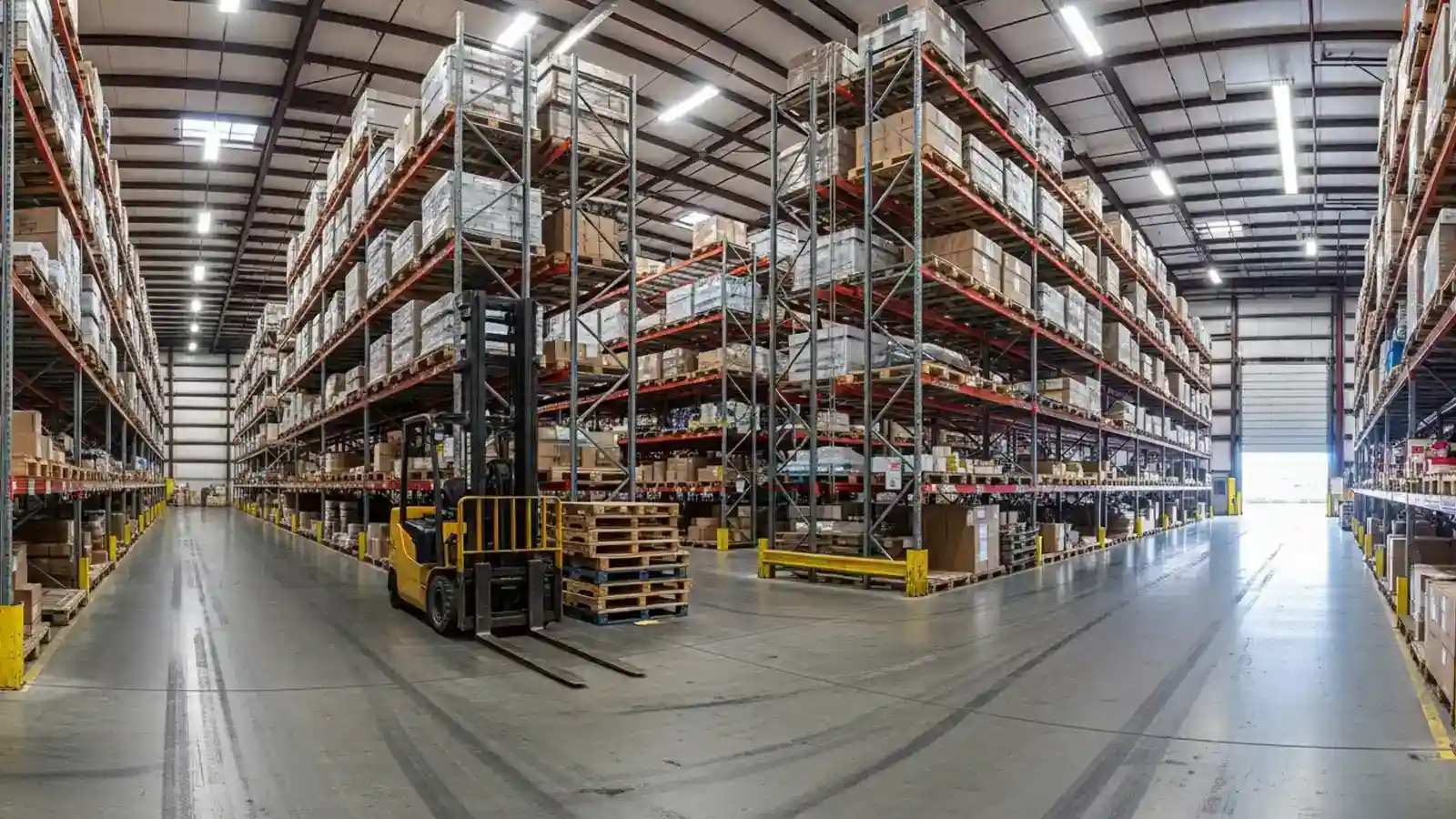 Large industrial warehouse interior with shelving and loading bay representing industrial and commercial pest control
