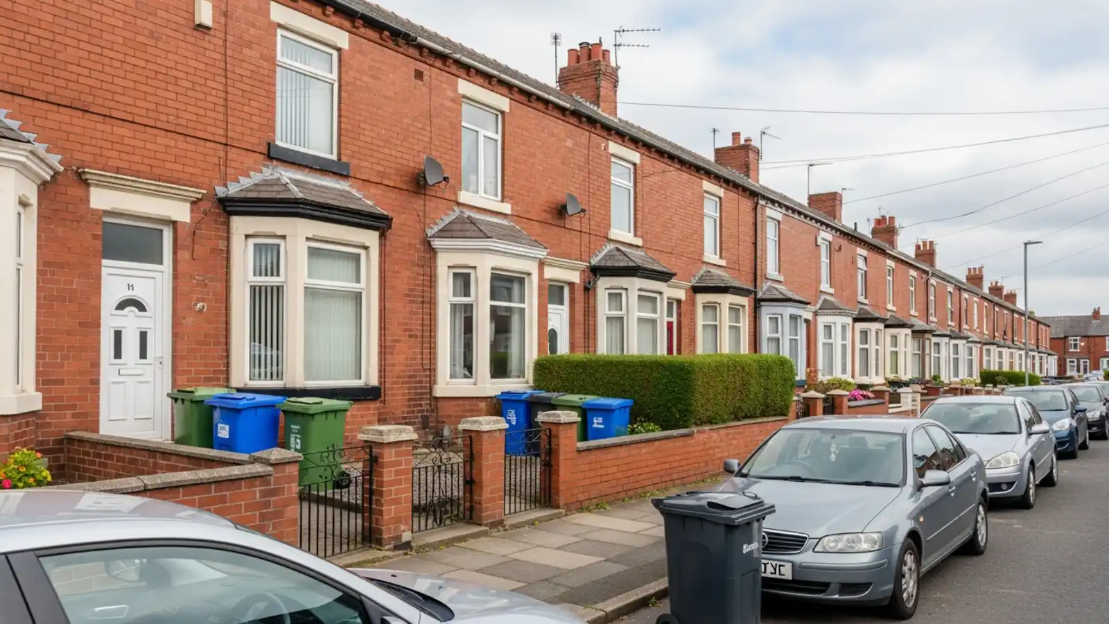 Row of British terraced houses on a residential street representing property and housing pest control